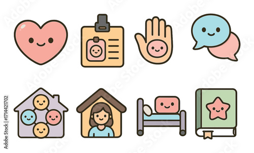 Family and happiness flat icon set. featuring heart, clipboard, hand, speech bubble, house, home, bed, book symbols