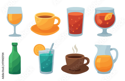 Beverage silhouette icon set. featuring wine, coffee, juice, cocktail, soda, tea, and pitcher icons