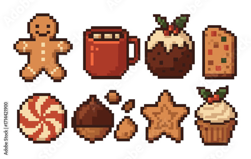 Holiday treats pixel art icon set. gingerbread, mug, pudding, fruitcake, candy cane, nut, cookie, cupcake