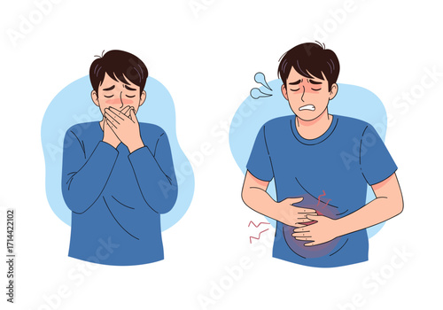 Man suffering from illness with stomach ache and sneezing.