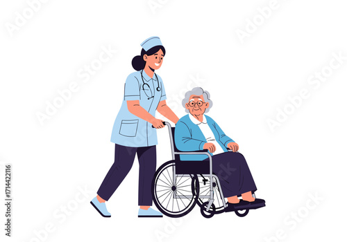 Nurse pushing elderly woman in wheelchair caring for patient.