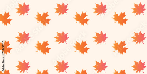 Seamless pattern with orange and red maple leaves on beige background. Autumn foliage repeat design. Vector illustration for fall wrapping paper, poster, banner, card, backgrounds