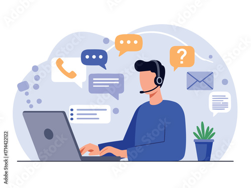 Information technology support specialist with headset working on laptop illustration