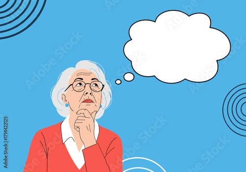 Elderly woman thinking with a thought bubble above her head.