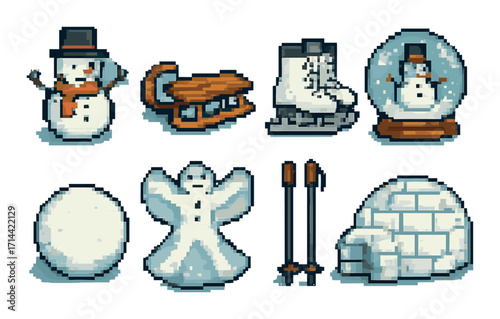 Winter activities pixel icon set. featuring snowman, sled, ice skate, snow globe, snowball, snow angel, skis, igloo