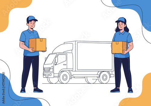 Delivery people holding boxes next to a truck.