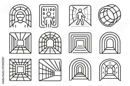 Futuristic immersive vector light tunnel passageway grid passage icons holographic portal icon