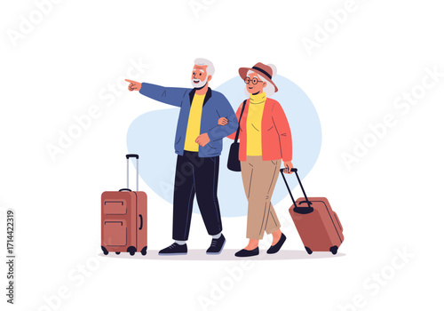 Elderly couple traveling together with luggage pointing the way.