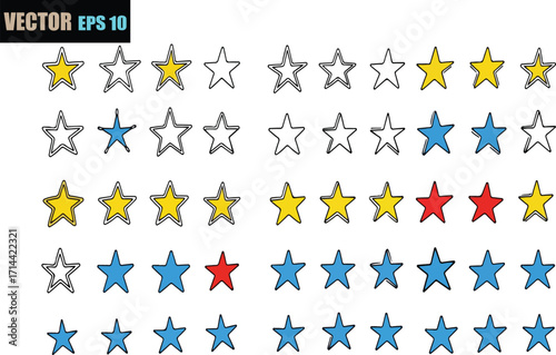 Collection of stylized star shapes in various colors and outlines representing different poses and movements perfect for graphic design and creative projects