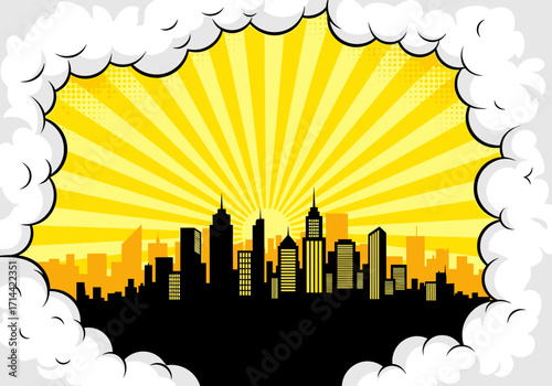 Comic Book Style Cityscape with Dramatic Sunburst and Clouds.
