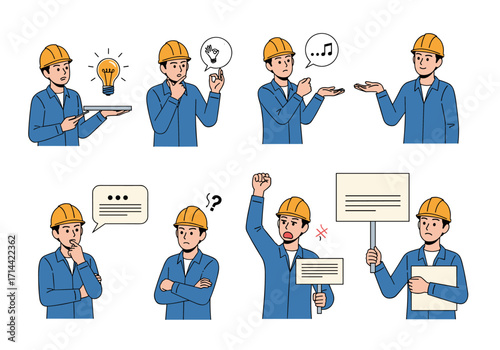 Set of construction workers in various poses and actions.