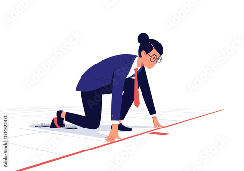 Businesswoman in starting position ready to run a race.