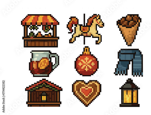 Christmas markets pixel icon set. featuring stall, horse, mulled wine, ornament, cone, scarf, cabin, gingerbread heart, lantern