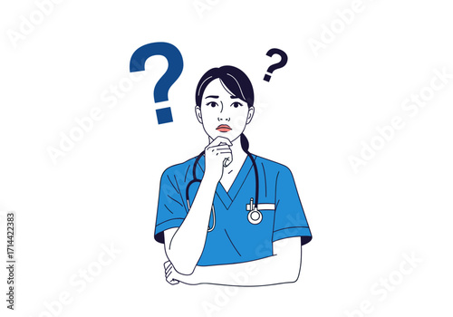 A thoughtful nurse pondering with question marks above her head.