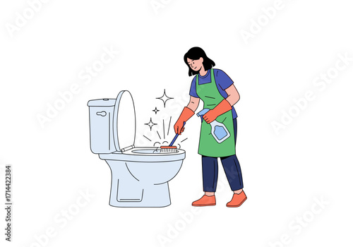 Woman cleaning a toilet with a brush and spray bottle.