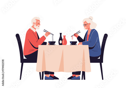 Elderly couple enjoying a meal together at a restaurant table.