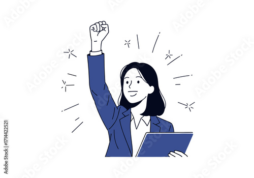 Businesswoman celebrating success with fist pump and tablet.