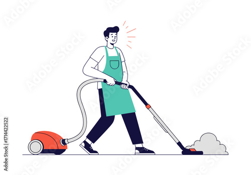 Man cleaning floor with vacuum cleaner and apron.