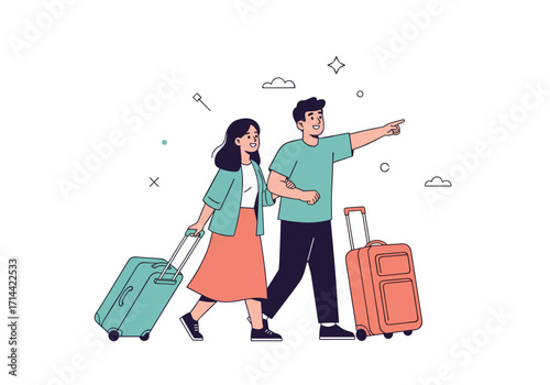 Couple Traveling Together With Luggage On Vacation.
