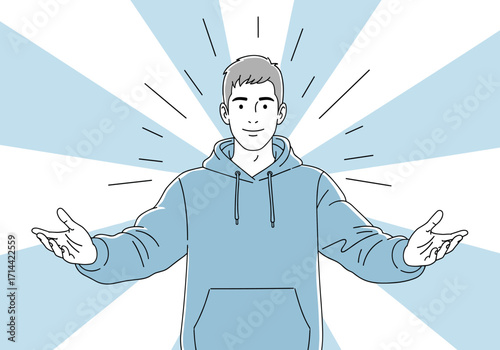 Man with open arms and radiating lines.