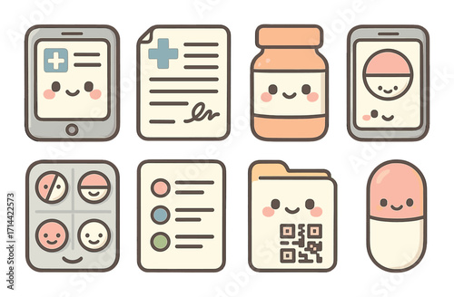 Medical and pharmacy cute icon set. featuring tablets, reports, medication, smartphones, charts, folders, and capsules