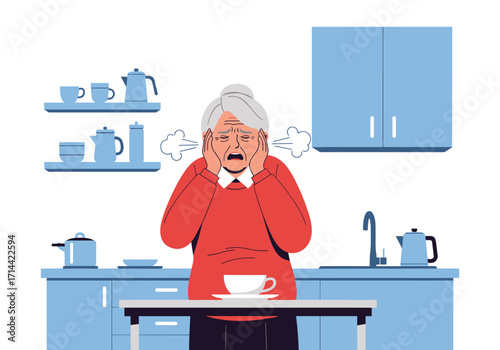 Elderly woman stressed in kitchen with steam coming out of ears.