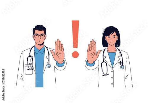 Doctors showing stop hand gesture with exclamation mark warning.