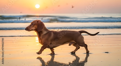 Dachshund Dog Walking on Beach at Sunset with Ocean Waves and Reflection.
