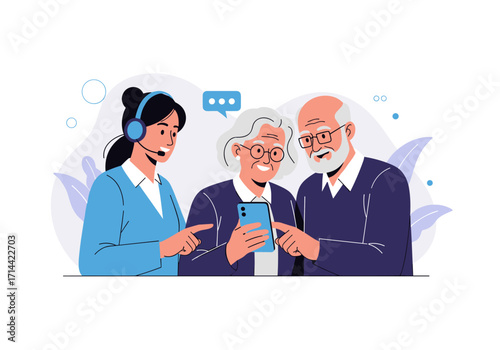 Senior couple learning to use smartphone with support agent.