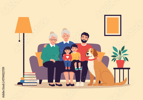 Happy Family With Dog Sitting On Sofa In Living Room.