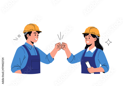 Two construction workers giving a fist bump.