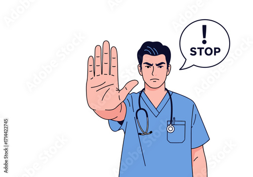 Doctor showing stop hand gesture with stop sign in speech bubble.