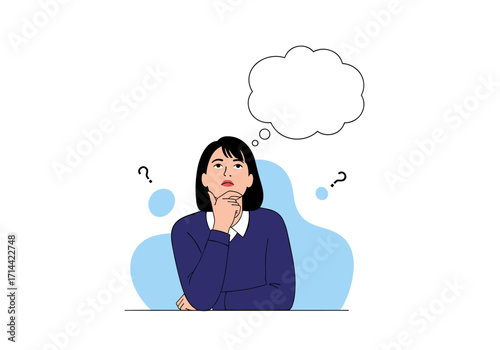 Woman thinking with a question mark and thought bubble.