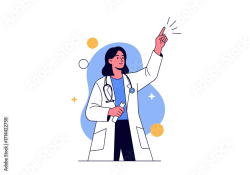 Doctor pointing up with a stethoscope and holding a medicine bottle.