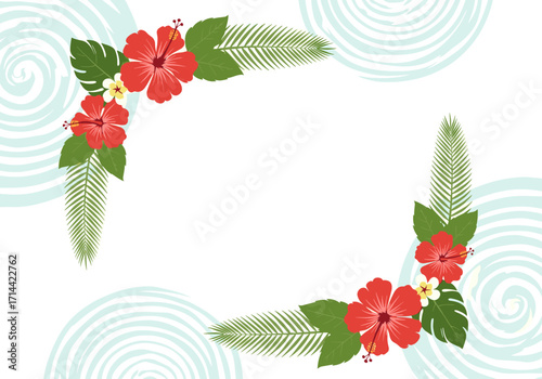 Tropical Hibiscus Flower Frame with Palm Leaves and Water Swirls.