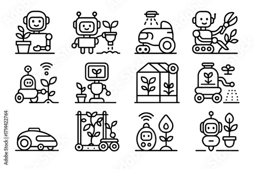 Holographic garden robots trellis ai connected smart icon vector robotic lawn futuristic
