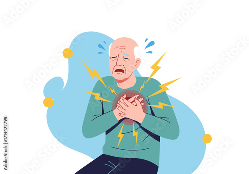 Elderly man experiencing severe chest pain and heart attack symptoms.