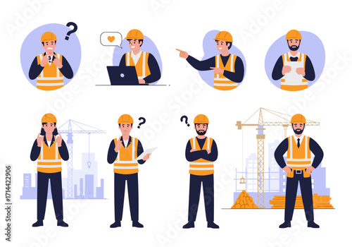 Construction workers in different poses and situations on a building site.