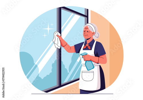 Elderly Woman Cleaning Window with Spray Bottle and Cloth.