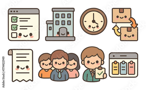 Business operations flat icon set. featuring checklist, building, clock, shipping, invoice, team, manager symbols