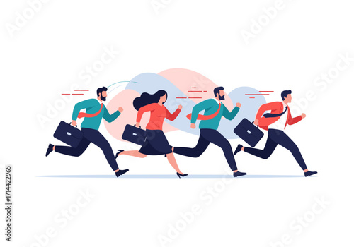 Business people running with briefcases in a hurry.