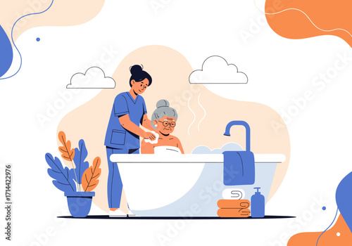 Nurse assisting elderly woman with bath in home care setting.