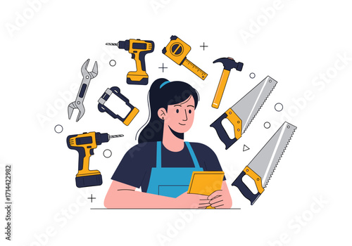 Woman surrounded by various tools and equipment for DIY projects.
