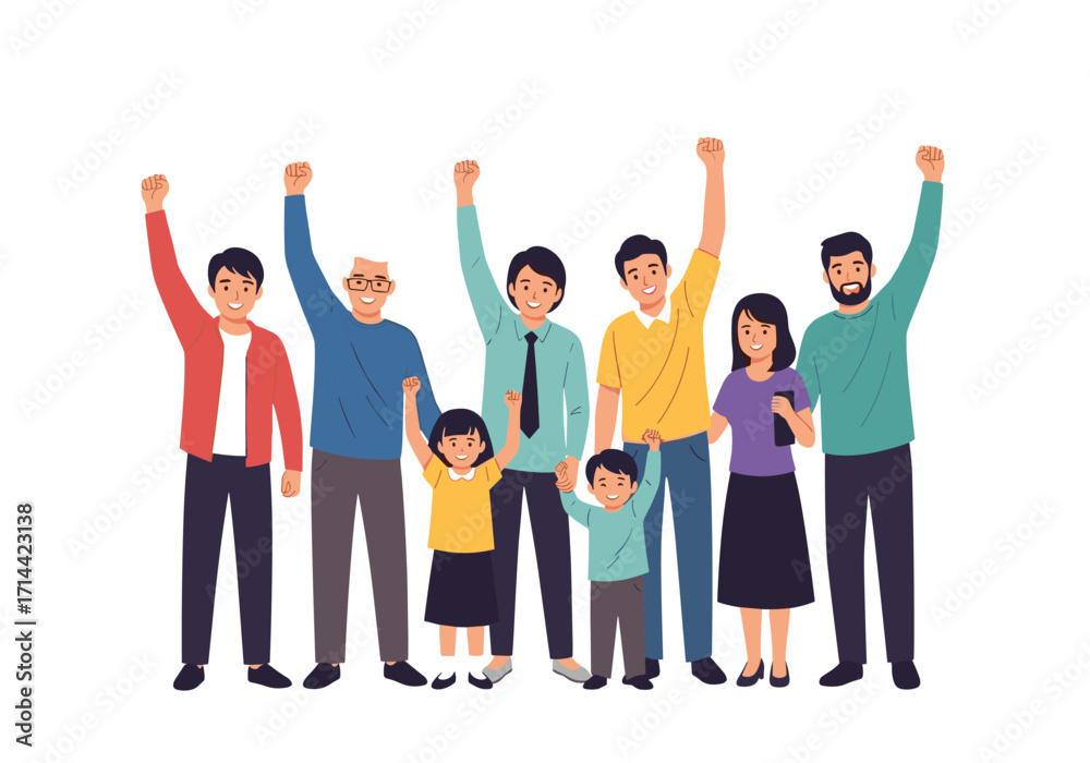 Fototapeta premium Diverse group of people celebrating together with raised fists.