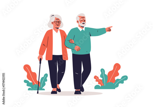 Elderly couple walking together outdoors with plants.