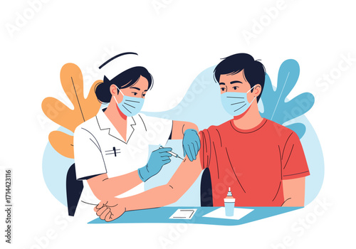 Nurse administering vaccine to patient in clinic setting.