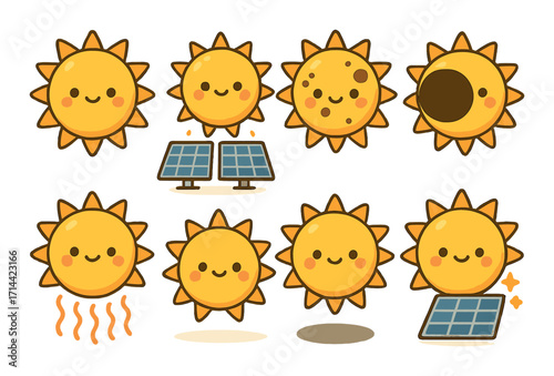 Solar energy flat icon set. featuring sun with smile, solar panels, eclipse, and heat symbols