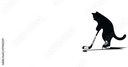 Playful black cat silhouette playing hockey on ice with stick silhouette