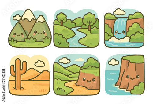 Nature landscape flat icon set. featuring mountain, river, waterfall, desert, canyon, and forest symbols