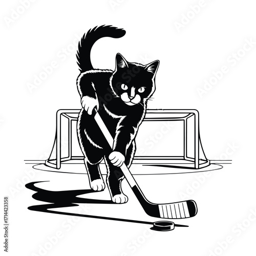 Playful black cat in silhouette playing hockey in front of a net silhouette